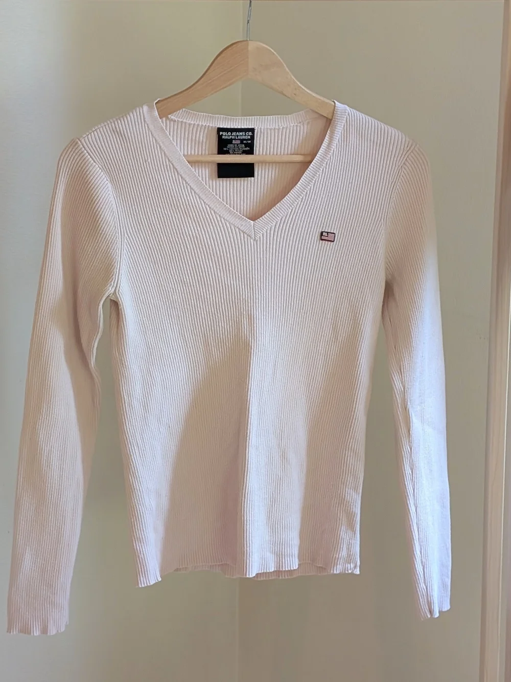 Vintage Polo Ralph Lauren Classic Neutral Long-sleeve V-neck Ribbed Tee Ivory